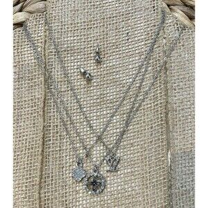 Fashion Designer Style Charm Necklace Set with Rhinestones Silver Tone